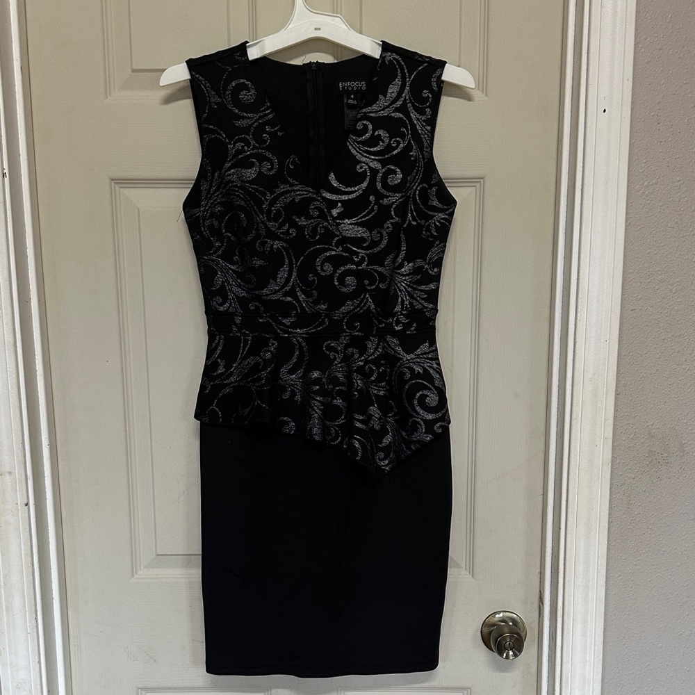 Enfocus Studio Black Dress with Silver Swirl Design